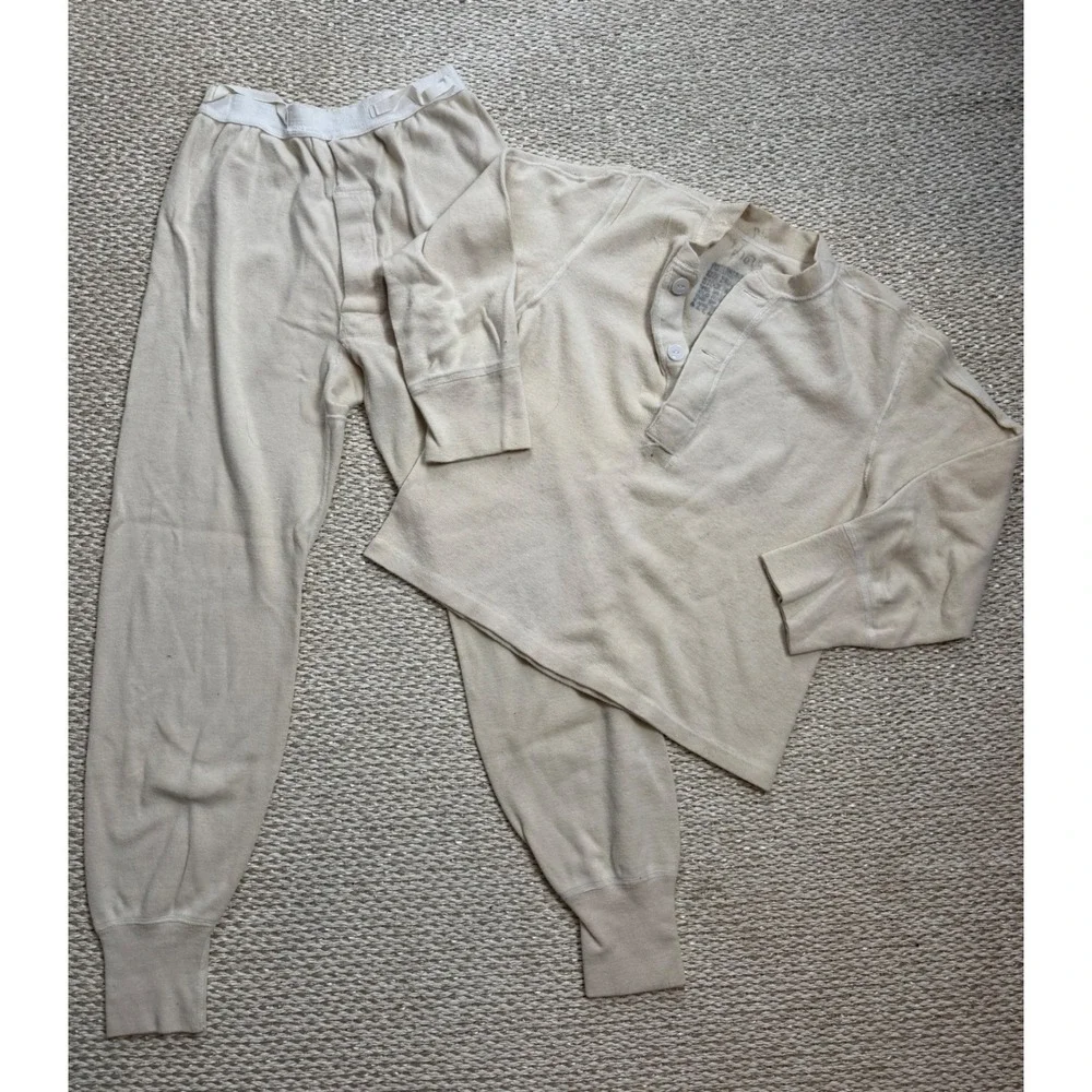 Vintage Military Thermal Long Underwear Set Henley Top Bottoms Cream Korea wool
